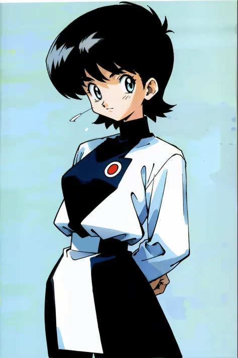 by ken sugimori, sugimori 1990s, ((only 1woman)), black and white referee uniform, ((hands behind their back)), full black pupil...