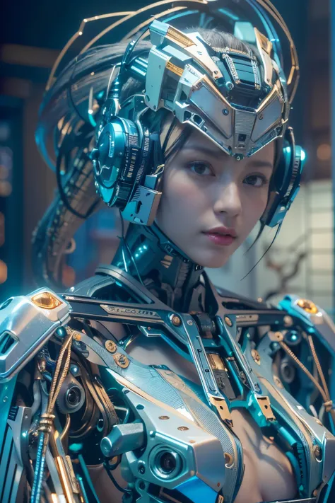 cyborgized Japanese woman, extremely ultra cute face, , skinny body, flat chest,  (blue metallic mechanical frame:1.5), (Power cables connected throughout the body), detaile up, Instead of hair, there are cables growing out of it, mechanical fusion, mechan...