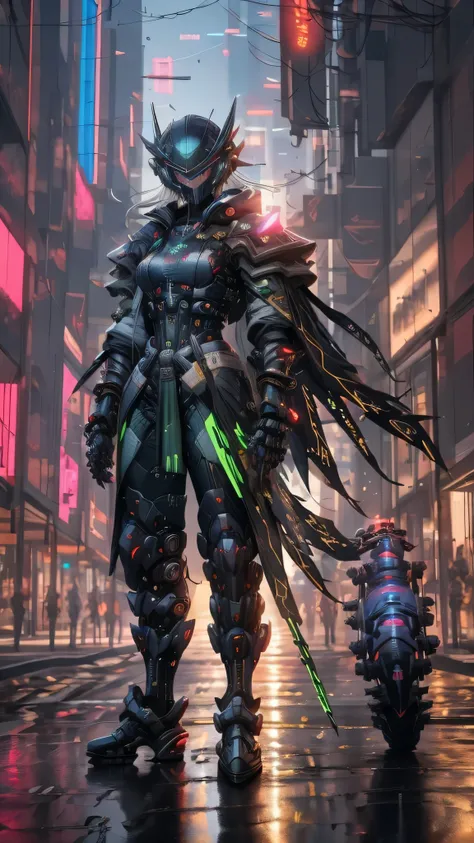 full body shot shot，There was a woman dressed in black and green，Perfect looks，Carrying a rucksack, cyberpunk face mask，Cyberpunk super long hair，cyberpunk streetwear, cyberpunk suit, cyberpunk street goon, Cyberpunk long cape，A cyberpunk extra-long mechan...