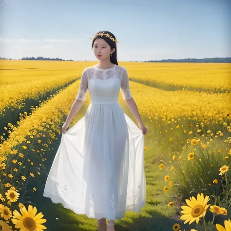 (masterpiece, best quality:1.2), 1girl, solo, Amor Grace, standing, yellow flowers, field, blue skies, beautiful scenery, white dress, dress with yellow patterns, sunny