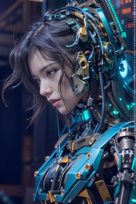 cyborgized Japanese woman, extremely ultra cute face, , skinny body, flat chest,  (blue metallic mechanical frame:1.5), (Power cables connected throughout the body), detaile up, Instead of hair, there are cables growing out of it, mechanical fusion, mechan...