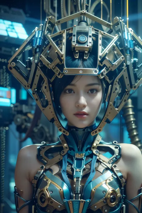 cyborgized Japanese woman, extremely ultra cute face, , skinny body, flat chest,  (blue metallic mechanical frame:1.5), (Power cables connected throughout the body), detaile up, Instead of hair, there are cables growing out of it, mechanical fusion, mechan...