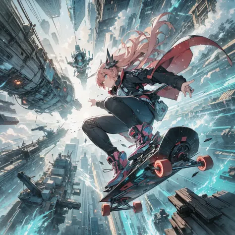 Sci-Fi style anime illustration, atmosphere, rough and intense illustration of Apocalypse Pink-chan, a 20-year-old character, jumping high in the sky on a mecha skateboard. The background depicts a mecha air-surfing high in the sky and a dynamic jump to th...