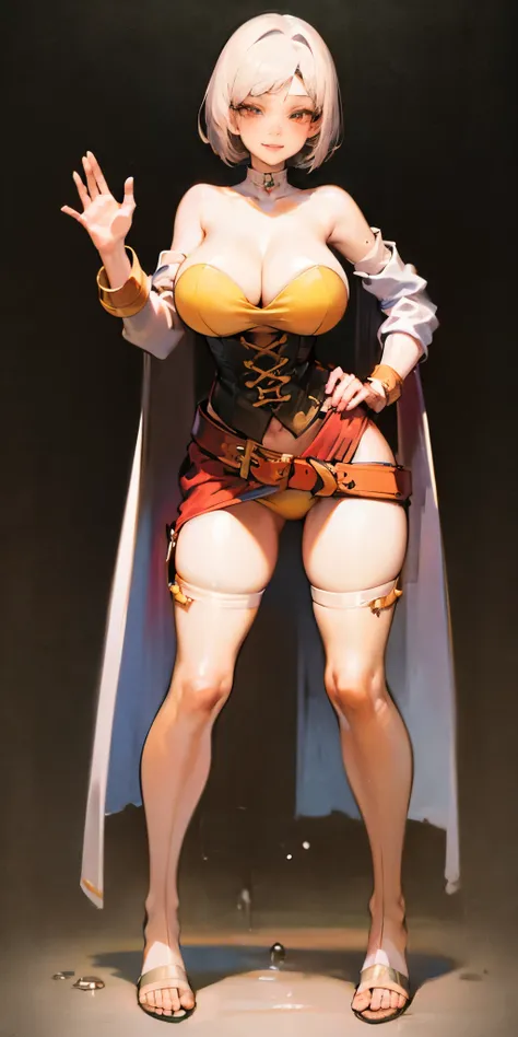 ((BLACK BACKGROUND,1:2, masterpiece)), full body MILF BIMBO standing with two long thighs and two metal sandals, red eyes, silver white hair, short bob style hair, big breasts, cleavage, separate sleeves, tiara royal, long cape up to two feet, yellow bikin...