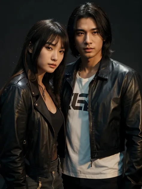 Inspired by Adam Dario Keel who is currently trending in the CG community, a handsome Indonesian young man with black hair stands next to a beautiful young Korean woman with long straight blonde bangs covering her forehead, a man dressed in a shirt and a w...