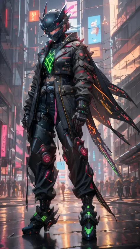 full body shot shot，There was a woman dressed in black and green，Perfect looks，Carrying a rucksack, cyberpunk face mask，Cyberpunk super long hair，cyberpunk streetwear, cyberpunk suit, cyberpunk street goon, Cyberpunk long cape，A cyberpunk extra-long mechan...