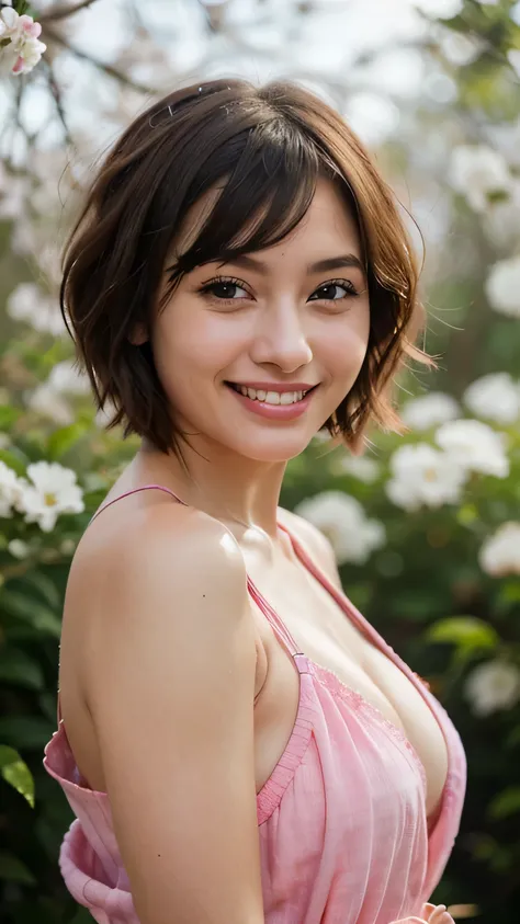 (software:1.8、masterpiece, highest quality),1 girl, alone, have, realistic, realistic, looking at the viewer, light brown eyes, Brunette short bob hair with highly detailed shiny hair, short hair:1.8、Beautiful face in symmetry、spring clothes:1.6, Whity, li...