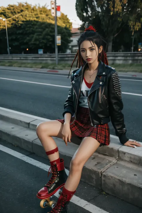 a beautiful Indonesian girl with dreadlocks in the bottle, wearing a spiked black leather jacket and a short red checkered skirt with a transparent effect, gunin arm, wearing black Doctor Marten boots with red laces, sitting holding a skateboard, with a ba...