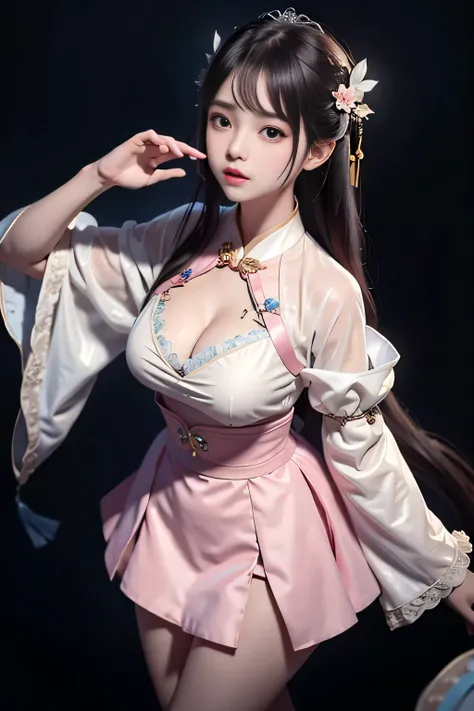 Wet-breasted Hanfu open V-chested clothes, All pictures, Wet body of thin silk fabric, Thin silk lace petticoat,princess 8 yeald old cute, (huge ，cleavage),petticoat, white pink, blue ，best qualtiy，tmasterpiece，ultra high resolution，（Realism：1.4），RAW photo...