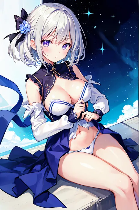 (highest quality)、((Super detailed))、(super delicate)、Erotic cute love angel、 girl、silver hair、beautiful breasts、beautiful thighs、Gorgeous、fantastic light