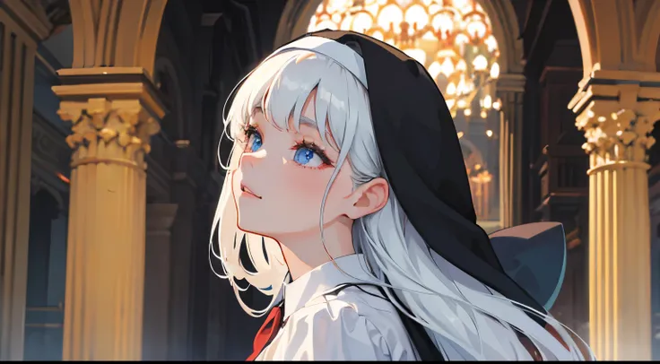 high quality, nun, white hair, church, realistic and detailed eyes, sideview, very gorgeous, diligent, shading and lighting, very beautiful, drenched hairs  