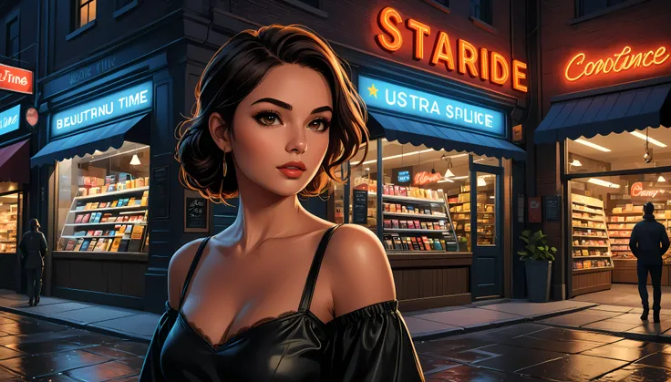 ((Masterpiece in maximum 16K resolution):1.6), ((vector cartoon illustration:)1.5), ((Vector art):1.4), ((Wide angle painting):1.2), ((Vectorized):1.2) | ((Vector art of a Beautiful female in front of a Convienence store during midnight hour:1.5), (Convien...