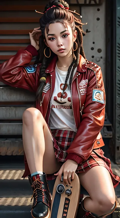 a beautiful Indonesian girl with dreadlocks in the bottle, wearing a spiked black leather jacket and a short red checkered skirt with a transparent effect, gunin arm, wearing black Doctor Marten boots with red laces, sitting holding a skateboard, with a ba...