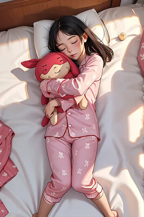 (best quality, masterpiece), 1girl, sleeping, pajamas, from above, bed, girls room, hug doll