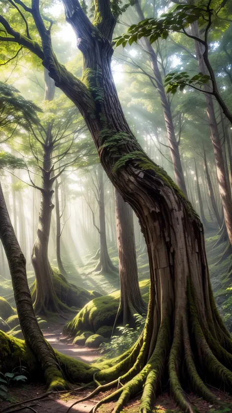 A winding forest with dappled sunlight filtering through the trees, A small tree growing up 