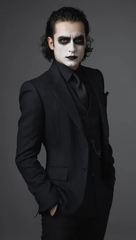 a portrait photo of a the crow, male, 28 years-old, wearing black and white crow makeup and a dark pinstripe suit, stocky, soft ...