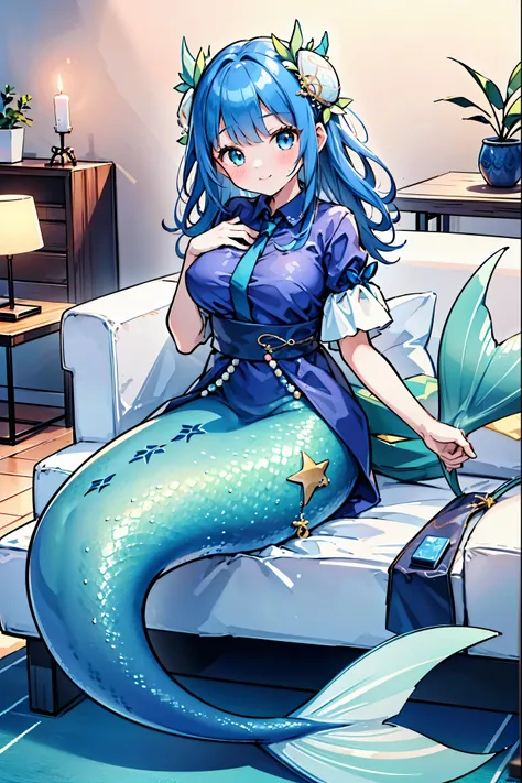 masterpiece, best quality,a woman,big breasts,mermaid,blue shirt,天藍色的mermaid尾巴,full-body shot,for the audience,get posed,living ...