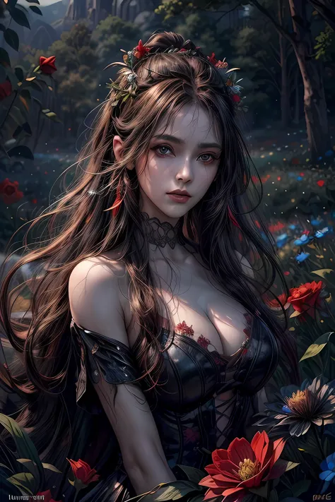 high details, best quality, 16k, RAW, [best detailed], masterpiece, best quality, (extremely detailed), full body, ultra wide shot, photorealistic, dark fantasy art, goth art, RPG art, D&D art, a picture of a dark female fairy resting in a flower meadow, e...