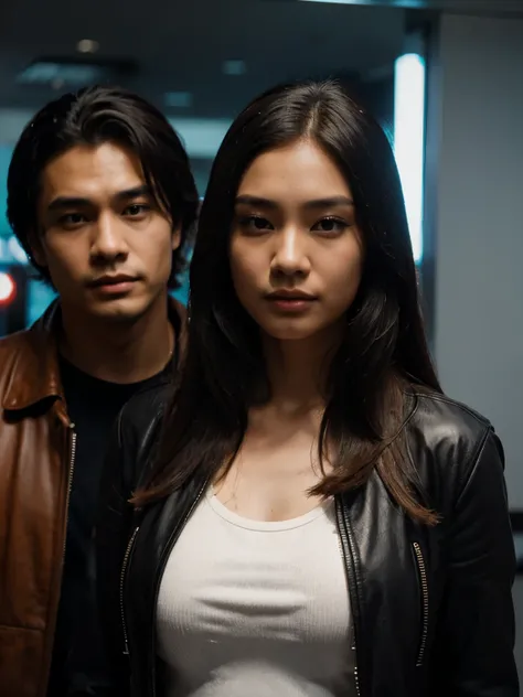 Inspired by Adam Dario Keel who is trending in the CG community, a handsome Indonesian man with black hair stands next to a beautiful young Korean woman with long blonde hair covering her forehead, a man dressed in a shirt and a woman wearing a leather jac...