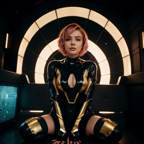 Very beautiful cybernetic girl, with short pink hair, slim, Futurism, cyberpunk, steampunk, dressed in a black and gold latex shiny futuristic suit with elements of space and ancient Indian epic,  sits on a futuristic bench against the backdrop of a night ...