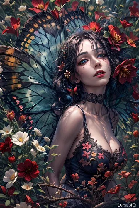 high details, best quality, 16k, RAW, [best detailed], masterpiece, best quality, (extremely detailed), full body, ultra wide shot, photorealistic, dark fantasy art, goth art, RPG art, D&D art, a picture of a dark female fairy resting in a flower meadow, e...