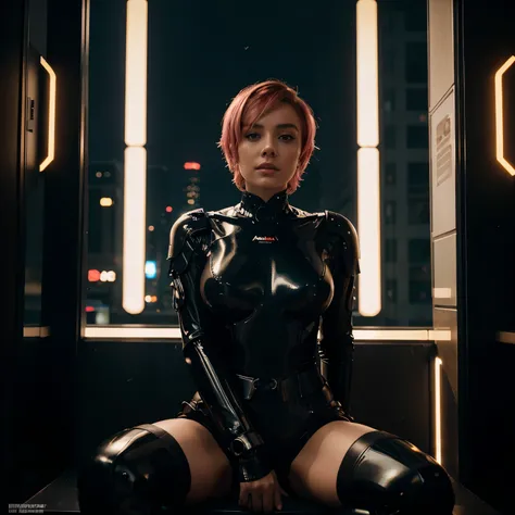 Very beautiful cybernetic girl, with short pink hair, slim, Futurism, cyberpunk, steampunk, dressed in a black and gold latex shiny futuristic suit with elements of space and ancient Indian epic,  sits on a futuristic bench against the backdrop of a night ...