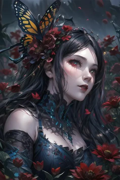 high details, best quality, 16k, RAW, [best detailed], masterpiece, best quality, (extremely detailed), full body, ultra wide shot, photorealistic, dark fantasy art, goth art, RPG art, D&D art, a picture of a dark female fairy resting in a flower meadow, e...