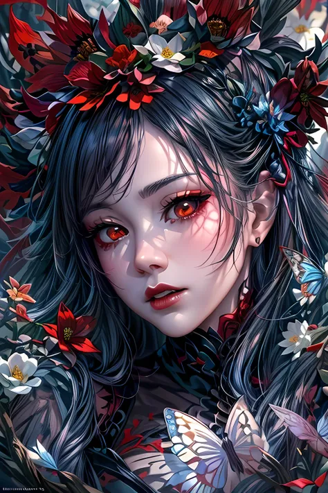 high details, best quality, 16k, RAW, [best detailed], masterpiece, best quality, (extremely detailed), full body, ultra wide shot, photorealistic, dark fantasy art, goth art, RPG art, D&D art, a picture of a dark female fairy resting in a flower meadow, e...