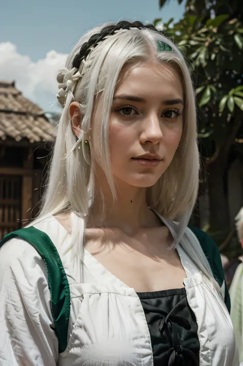 Retrato de una Chica mirando de frente, with white hair and green dress in the feudal era next to a feudal lord with black hair, junto un administrador y un campesino
