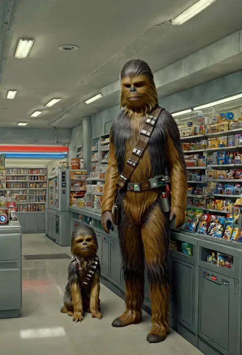 wide long shot:1.7, ((star wars style:1.5)), ((large flying midnight convenience store, chewbacca shopping in the store, with a ...