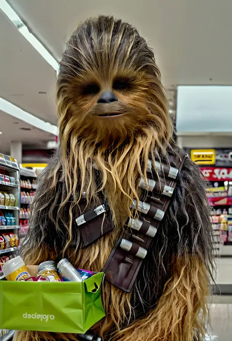 wide long shot:1.7, ((star wars style:1.5)), ((large flying midnight convenience store, chewbacca shopping in the store, with a ...