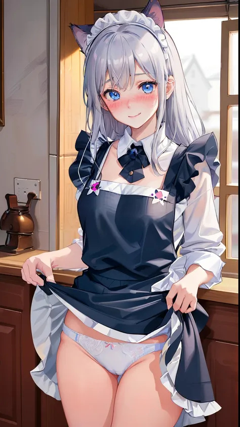 highest quality、masterpiece、((1 girl))、((smile))、(blush:1.5)、black shirt、blouse、((fun!!))、(small breasts)、(Cat ear:1.3)、(silver hair)、()、((white apron:1.5))、((maid))、((hair ornaments)),、Kamimei、look at me、 ((in house:1.5))、 Take a break to watch the audien...