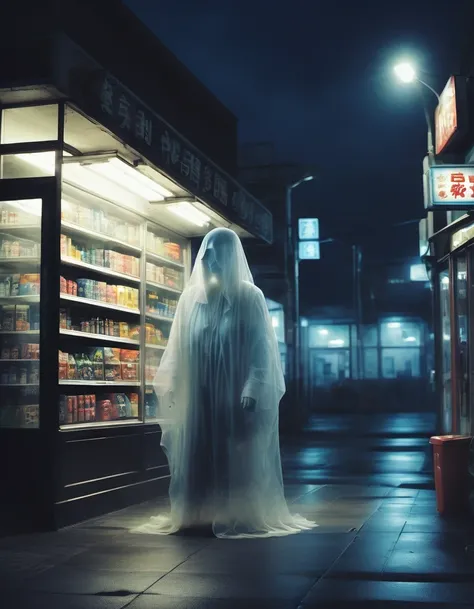 (best quality,highres:1.2),ultra-detailed,realistic:1.37,a transparent ghost in midnight convenience store,desolate,loneliness,darkness,barren land,eerie,mysterious,dreadful,ominous,haunting,dreary,uninhabited,(((dark sky)))，photo of a transparent ghost，Go...