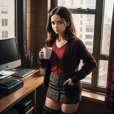 Indoors, portrait, a 25-year-old woman holding a coffee cup, black cropped knitted cardigan, arm:1, dark red narrow skirt with black plaid pattern, black knee-high suede boots, standing next to an office window, nude