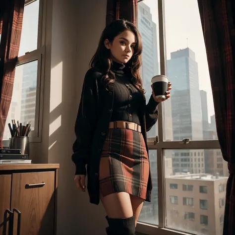 Indoors, portrait, a 25-year-old woman holding a coffee cup, black cropped knitted cardigan, arm:1, dark red narrow skirt with black plaid pattern, black knee-high suede boots, standing next to an office window, nude