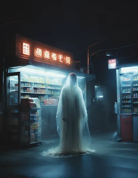 (best quality,highres:1.2),ultra-detailed,realistic:1.37,a transparent ghost in midnight convenience store,desolate,loneliness,darkness,barren land,eerie,mysterious,dreadful,ominous,haunting,dreary,uninhabited,(((dark sky)))，photo of a transparent ghost，Go...