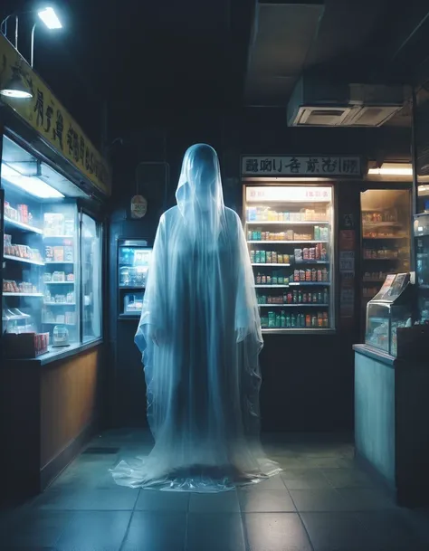 (best quality,highres:1.2),ultra-detailed,realistic:1.37,a transparent ghost in midnight convenience store,desolate,loneliness,darkness,barren land,eerie,mysterious,dreadful,ominous,haunting,dreary,uninhabited,(((dark sky)))，photo of a transparent ghost，Go...