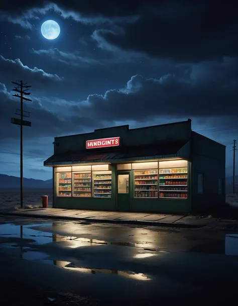 (best quality,highres:1.2),ultra-detailed,realistic:1.37,midnight convenience store,desolate,loneliness,darkness,barren land,eerie,mysterious,dreadful,ominous,haunting,dreary,uninhabited,dark sky