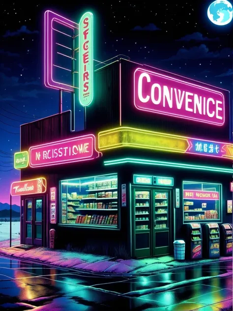 Midnight convenience store，Pitch black sky，Wasteland，，desolate，fear，Weird，mystery，dark