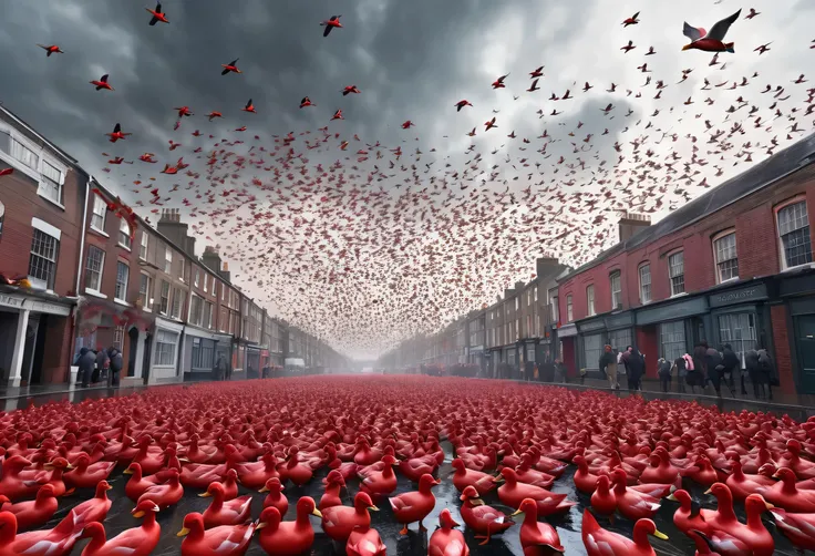 ((Many red ducks fell from the sky.)), The atmosphere is gloomy in England.,The sky was frighteningly overcast.,Very high detail, The images are very realistic., A lot of people screamed.