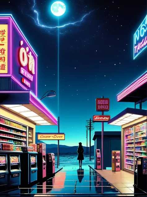 Midnight convenience store，Pitch black sky，Wasteland，，desolate，fear，Weird，mystery，dark