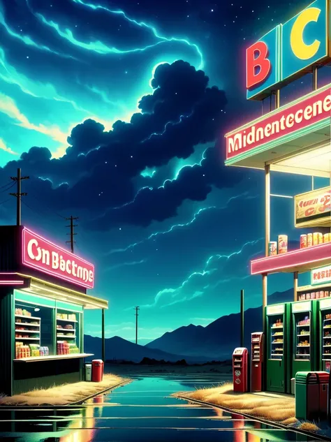 Midnight convenience store，Pitch black sky，Wasteland，，desolate，fear，Weird，mystery，dark