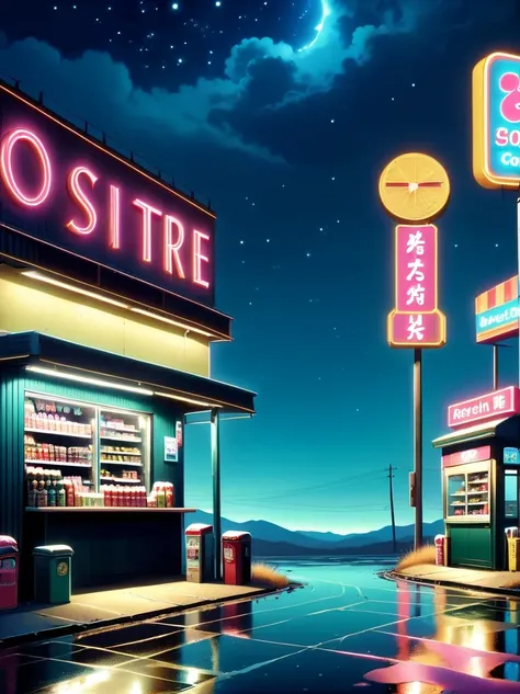 Midnight convenience store，Pitch black sky，Wasteland，，desolate，fear，Weird，mystery，dark