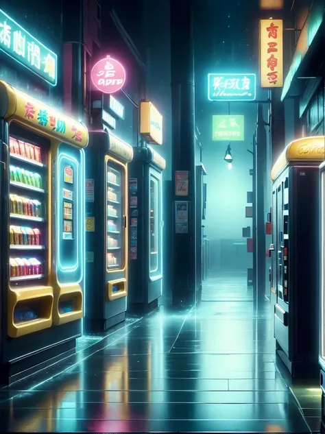 (best quality,4k,8k,highres,masterpiece:1.2),ultra-detailed,(realistic,photorealistic,photo-realistic:1.37),dark, mysterious, midnight convenience store, empty street, dimly lit neon signs, solitary figures, haunting atmosphere, rain-slicked pavement, flic...