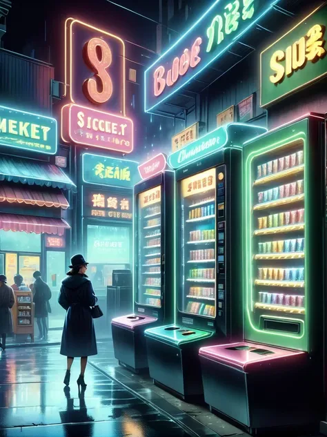 (best quality,4k,8k,highres,masterpiece:1.2),ultra-detailed,(realistic,photorealistic,photo-realistic:1.37),dark, mysterious, midnight convenience store, empty street, dimly lit neon signs, solitary figures, haunting atmosphere, rain-slicked pavement, flic...