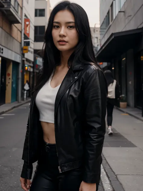 a handsome Indonesian man with black hair was standing next to a beautiful young Korean woman with long black hair, a man dressed in a shirt and a woman wearing a leather jacket. singer, movie screencap, model Eliza Hess from acquamodels. Black background