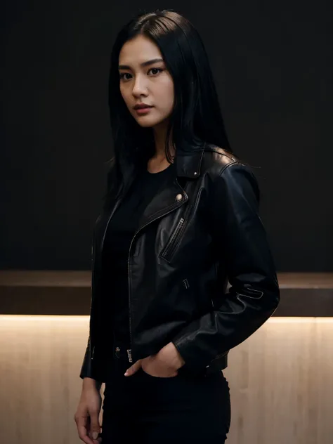 a handsome Indonesian man with black hair was standing next to a beautiful young Korean woman with long black hair, a man dressed in a shirt and a woman wearing a leather jacket. singer, movie screencap, model Eliza Hess from acquamodels. Black background