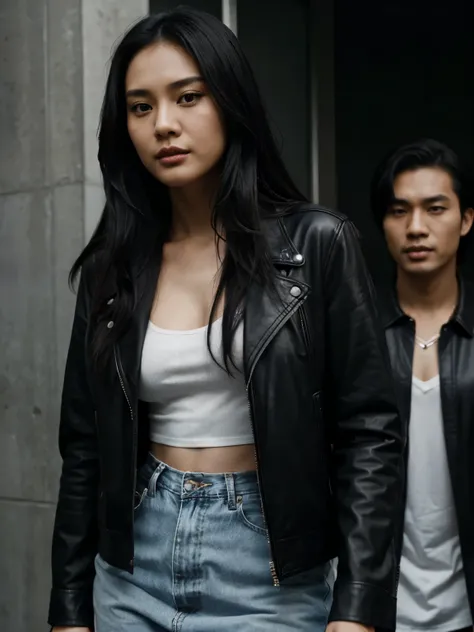 a handsome Indonesian man with black hair was standing next to a beautiful young Korean woman with long black hair, a man dressed in a shirt and a woman wearing a leather jacket. singer, movie screencap, model Eliza Hess from acquamodels. Black background