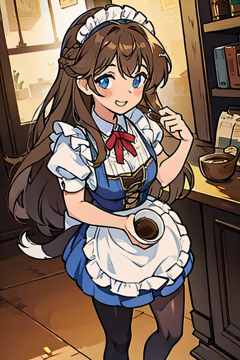 a girl, long hair, brown hair color, blue eyes, maid, short skirt, perfect body, thighs, brown transparent pantyhose, hands on waist, smiling, cute face, hair tail, cleavage, coffee shop