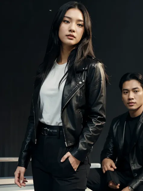 a handsome Indonesian man with black hair was standing next to a beautiful young Korean woman with long black hair, a man dressed in a shirt and a woman wearing a leather jacket. singer, movie screencap, model Eliza Hess from acquamodels. Black background